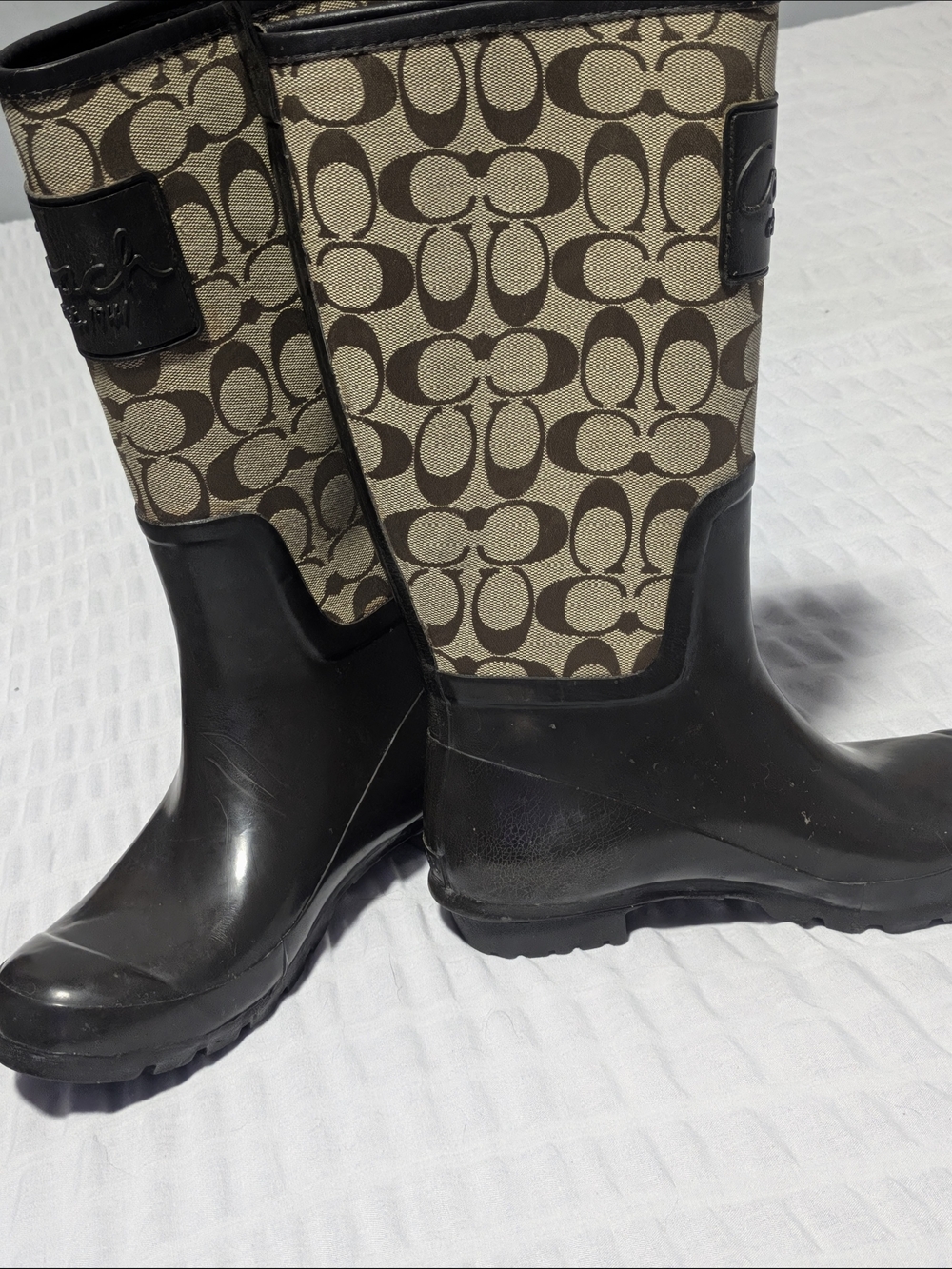 Coach Signature Canvas Rain Boots in Brown and Tan